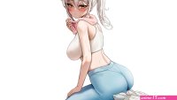 ponytail looking at viewer sideboob big boobs ass thighs kneeling anime anime girls digital art blushing sports bra boobs leggings bright white background