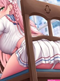 big boobs ass anime girls school uniform chair panties