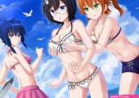 ass beach bikini breast grab breasts cleavage glasses kazenokaze original ponytail swimsuit tagme twintails
