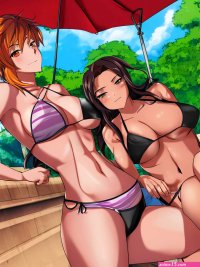 Porn image of lesbian anime bikini perfect boobs tall muscular 20 long legs created by AI