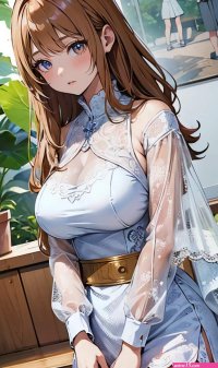 Anime girl in a short dress posing in a room with plants