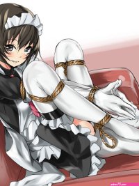 fumi11gou original 1girl bdsm black eyes black hair blush bondage bound elbow gloves feet female focus frogtie gloves grin looking at viewer maid maid headdress rope shibari short hair smile socks soles