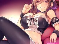 breasts brown hair cleavage headdress horosuke toot08 long hair maid original red eyes thighhighs wristwear
