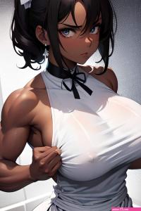 Anime Muscular Huge Boobs 20s Age Serious Face Brunette Pixie Hair Style Dark Skin Black And White Shower Close Up View Working Out Maid 3666402697789477797
