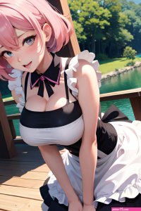 Anime Busty Huge Boobs 50s Age Ahegao Face Pink Hair Pixie Hair Style Dark Skin Illustration Lake Front View Bending Over Maid 3680743596247441080