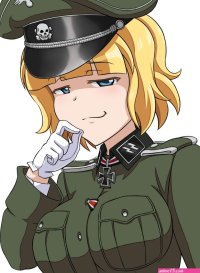 hideyoshiao1 aryana schutze highres 1girl blonde hair blue eyes bottomless breasts gloves hat large breasts military military uniform nazi peaked cap smile smug white gloves