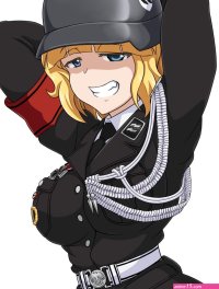 hideyoshiao1 aryana schutze highres 1girl arms behind head arms up blonde hair blue eyes breasts germany grin large breasts looking at viewer military military uniform nazi short hair smile smug tomboy -