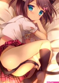 shiratama shiratama shiratamaco tsutsukakushi tsukiko hentai ouji to warawanai neko. black legwear 10s 1girl animal ears ass bed bed sheet between legs blue eyes blush brown hair cat ears cat tail clothes