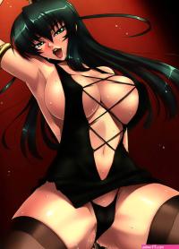 kagami hirotaka igawa asagi taimanin series taimanin asagi highres 00s 1girl armlet armpits black hair black panties breasts cleavage female focus green eyes high heels huge breasts jewelry kneeling long hair naughty