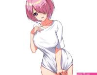 birkai breasts cropped erect nipples fategrand order fate series mash kyrielight pink hair purple eyes shirt short hair white