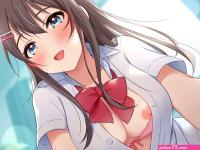 aqua eyes blush bra breasts brown hair long hair nipples nipple slip open shirt original school uniform tsukana saba mizore underwear