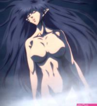 arshes nei bastard!! anime screenshot highres stitched third-party edit 1girl black hair breasts large breasts long hair nude pointy ears