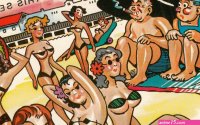 Sexist Man Comic postcard Sexy Lady cartoon on Beach Big Boobs