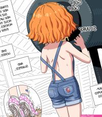 fellatrix impostor among us suzieq fellatrix among us highres 1girl breeding mount english text female focus gokkun loli orange hair overalls short hair solo standing