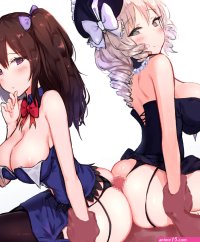 highres 1boy 2girls ass blonde hair brown hair buttjob censored cooperative buttjob huge ass multiple girls penis rubbing