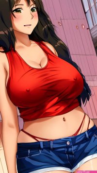 Porn image of hairy anime big tits big hips tank top indonesian street created by AI