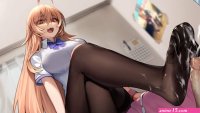 artist request highres 1girl bed blonde hair crossed legs cum ejaculation feet femdom footjob long hair open mouth orange eyes pantyhose sitting soles toes