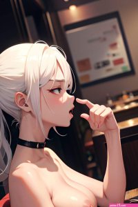 Anime Busty Small Tits 18 Age Shocked Face White Hair Slicked Hair Style Dark Skin Cyberpunk Restaurant Side View Sleeping Partially Nude 3677859954768754314