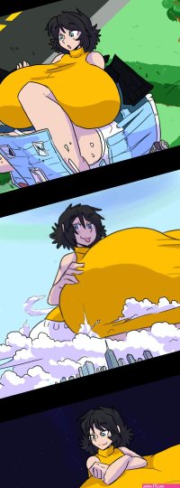 kenj growth absurdres highres 1girl barefoot black hair breast expansion breasts earth planet female focus full body giant giantess gigantic breasts huge giantess planet solo