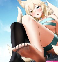 rakia ds00309 black legwear copyright request highres 1girl barefoot bikini blonde hair blue eyes breasts city cityscape colored skin crushing day destruction feet giant giantess large breasts long hair open mouth orange