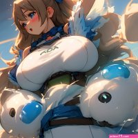 Anime girl with a big breast riding a giant stuffed animal
