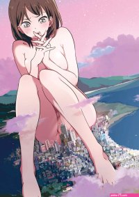mebae original highres 1girl barefoot brown eyes brown hair censored city cloud convenient censoring feet female focus giant giantess huge giantess mountain nude own hands clasped own hands together pussy pussy peek