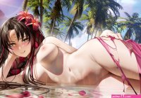 3d breasts fategrand order fate series flowers long hair nanaken nana nipples nopan nude sesshouin kiara topless torn clothes water yellow eyes
