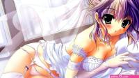 Anime girls green eyes underwear panties no bra in bed Playmat Gaming Mat Desk