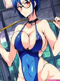 Porn image of short anime messy hair one piece swimsuit short hair skinny blue hair created by AI
