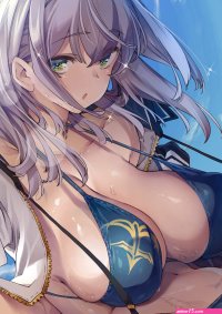 big boobs purple hair Shirogane Noel Thomasz green eyes saggy boobs huge breasts anime anime girls boobs Hololive Virtual Youtuber artwork open jacket bikini