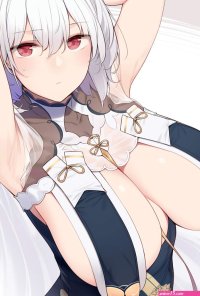 red eyes arms up looking at viewer armpits white hair short hair big boobs hanging boobs saggy boobs Enosan huge breasts Azur Lane Sirius Azur Lane anime no bra chinese dress anime