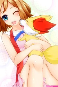 sho2 fennekin serena pokemon creatures company game freak nintendo pokemon pokemon anime pokemon xy highres 10s 1girl blonde hair blue eyes breasts gen 6 pokemon happy miniskirt one eye closed pokemon creature