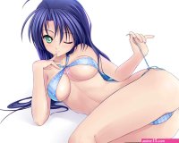 atomix bikini blue hair breasts cameltoe green eyes swimsuit underboob watermark white wink