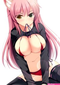 kitsune neko koneko koneko nonnkimono original 1girl animal ears bikini bikini in mouth black thighhighs blush breasts cat ears cat girl clothes in mouth clothes lift collarbone female focus green eyes heterochromia