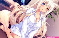 animal ears barefoot bicolored eyes blonde hair blush breasts catgirl cleavage coconut sayori game cg long hair naked shirt nekopara neko works sayori shirt tail