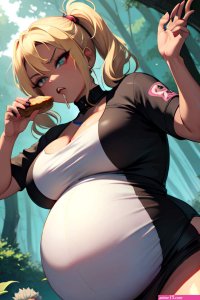 Anime Pregnant Huge Boobs 80s Age Angry Face Blonde Pigtails Hair Style Dark Skin Cyberpunk Forest Front View Eating Goth 3680855693285287809