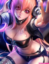 Wallpaper : Super Sonico anime girls women pink hair long hair looking at viewer pink eyes headphones collars big boobs bra belly jean shorts high waisted short cleavage fishnet stockings kneeling curvy