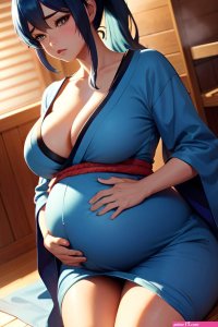 Anime Pregnant Huge Boobs 50s Age Sad Face Blue Hair Ponytail Hair Style Dark Skin 3d Sauna Close Up View Plank Kimono 3690078708736995859