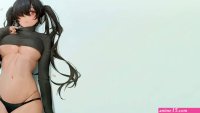 big boobs belly thighs white legwear belly button underboob dark hair Yohan1754 anime anime girls simple background thigh-highs stockings white stockings panties black panties underwear twintails no bra blushing