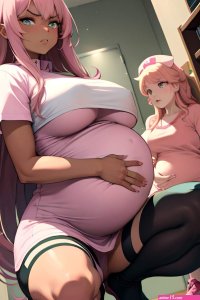 Anime Pregnant Huge Boobs 70s Age Angry Face Pink Hair Straight Hair Style Dark Skin Soft Anime Hospital Front View Squatting Nurse 3680252681533852754