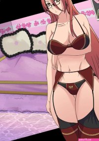 sexy big hips anime milf with glasses in lingerie near pink bed