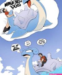 shoutingisfun lapras creatures company game freak nintendo pokemon brown headwear highres 1boy animal sexualization annoyed backpack bag bestiality clothes pull cloud english text gen 1 pokemon horizon open mouth outdoors pants...