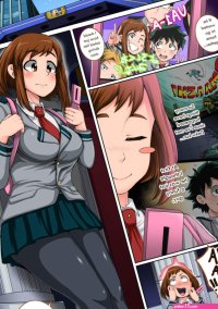 junajuice midoriya izuku uraraka ochako boku no hero academia absurdres highres 10s 1girl blush stickers breasts brown eyes brown hair building closed eyes comic embarrassed english text large breasts pantyhose phone school