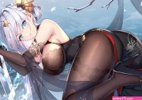 white hair blue eyes big boobs bent over bare shoulders anime girls heels sword pantyhose snowing looking back dress