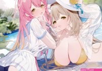 big boobs ass bent over looking at viewer long hair anime anime girls Blue Archive bikini looking back swimwear hat water in water watermarked