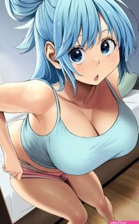 open mouth izawa bhive003 blue eyes bent over breasts
