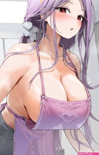 cleavage big boobs purple hair red eyes anime anime girls naked apron food blushing apron no bra