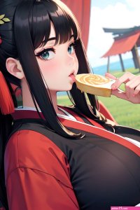 Anime Chubby Huge Boobs 20s Age Pouting Lips Face Black Hair Bangs Hair Style Dark Skin Soft Anime Tent Side View Eating Kimono 3697774860644984777