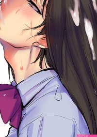 minamoto mutton original commentary request highres 1boy 1girl blush cum cum on hair fellatio half-closed eyes hetero licking licking penis lips medium hair nose oral penis saliva simple background tongue tongue out