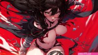 bandage black hair blush breasts cape fire garter hood long hair magic mitsu mitsu art navel nopan pointed ears pussy shorts tales of berseria thighhighs torn clothes uncensored velvet crowe watermark weapon